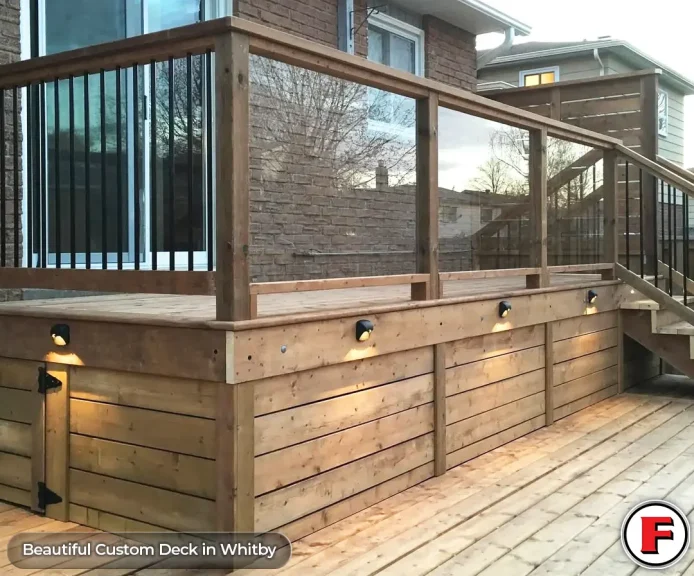 Custom multi-level wood deck featuring glass railings, black metal balusters, integrated lighting, and a solid wood skirt built in Whitby, Ontario